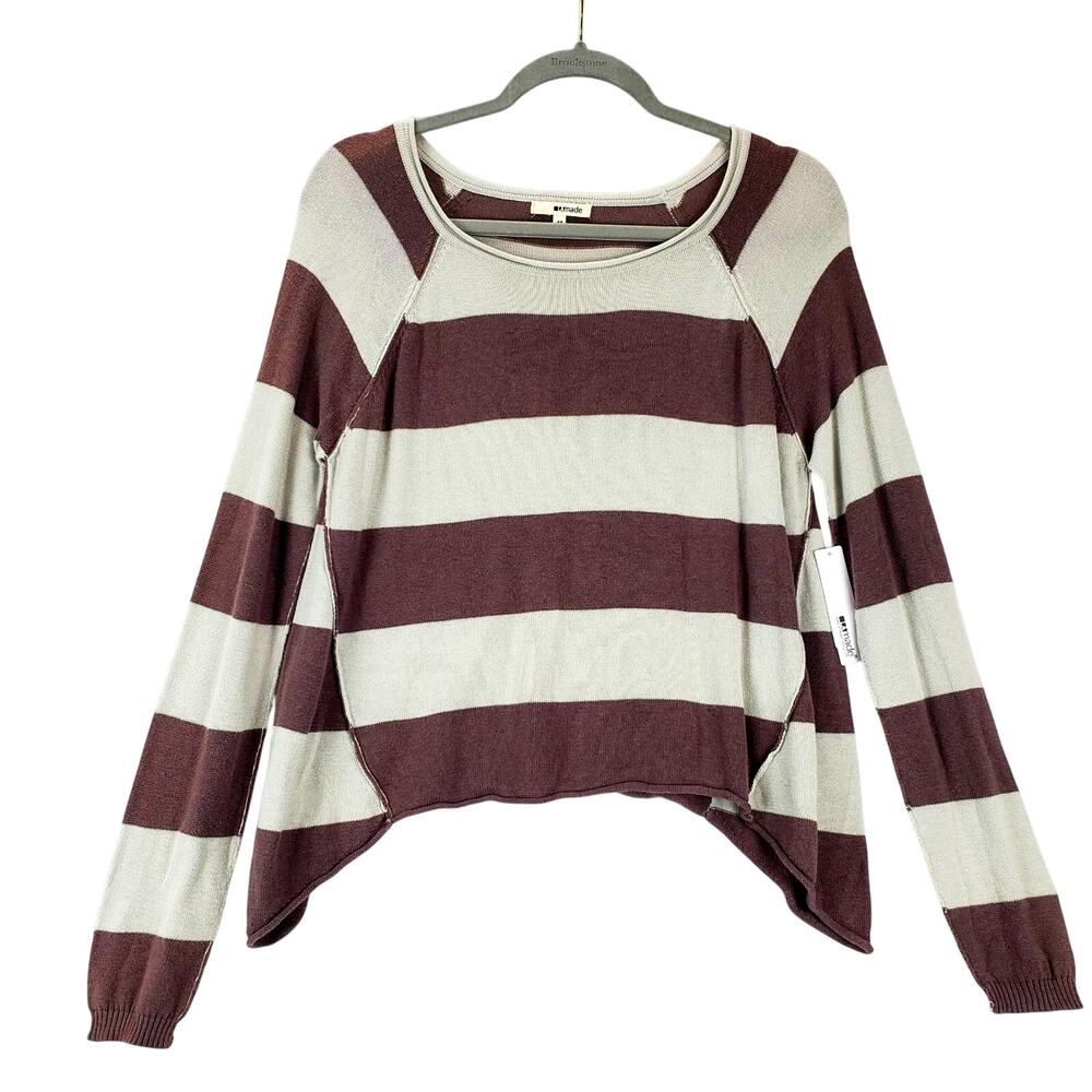 LA Made Jenn Raglan Sweater XS Muted Purple Gray Wide Stripe Cozy Pullover NWT